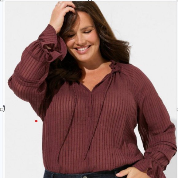 NWT- Torrid Burgundy Stripe Gauze Front Tie Lace-Up Peasant Blouse - Picture 1 of 3